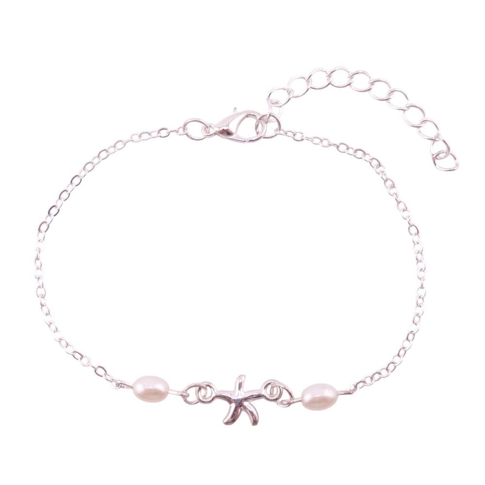 Silvertone Starfish Faux Pearl Beaded Cable Link Bracelet Anklet 8" - 10" NWOT